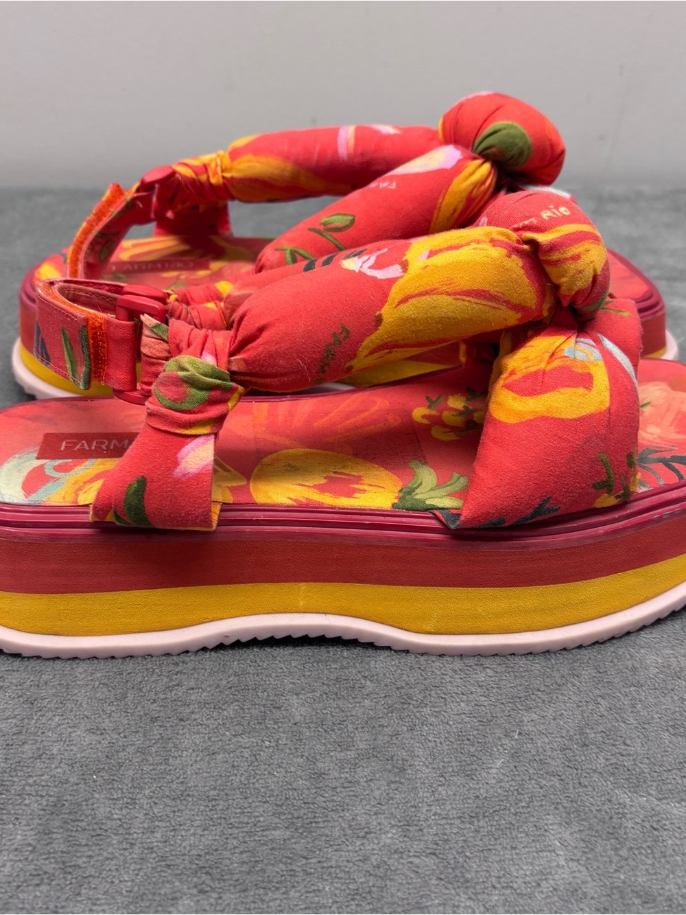 Farm Rio Tropical Fruit Print Puffy Knotted Platform Sandals